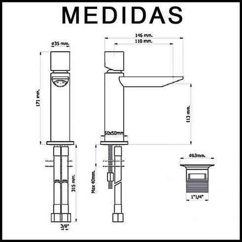 Medidas Grifo de Lavabo, Monomando Serpi 14 F3 MR