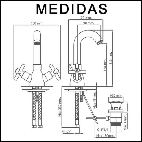 Medidas Grifo de Lavabo, Monobloc Caño Alto Cala MR