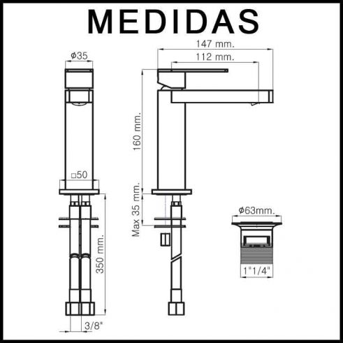 Medidas Grifo de Lavabo, Monomando Aran MR