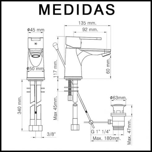 Medidas Grifo de Lavabo, Monomando Baza 15 MR