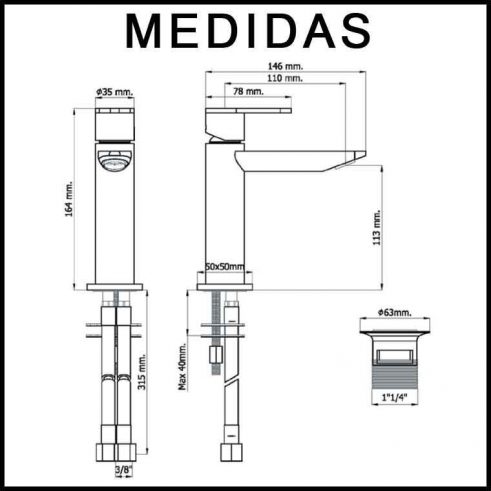 Medidas Grifo de Lavabo, Monomando Beret 14 MR