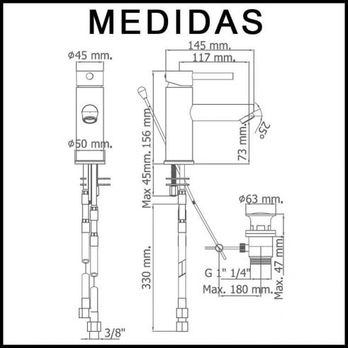 Medidas Grifo de Lavabo, Monomando Delta 06 MR