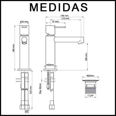 Medidas Grifo de Lavabo, Monomando Delta 14 MR