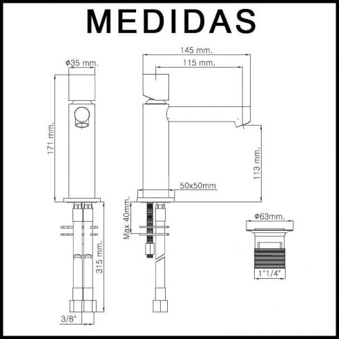 Medidas Grifo de Lavabo, Monomando Delta Cil F3 MR.