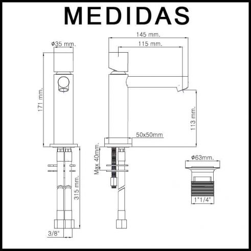 Medidas Grifo de Lavabo, Monomando Delta Cil F8 MR.