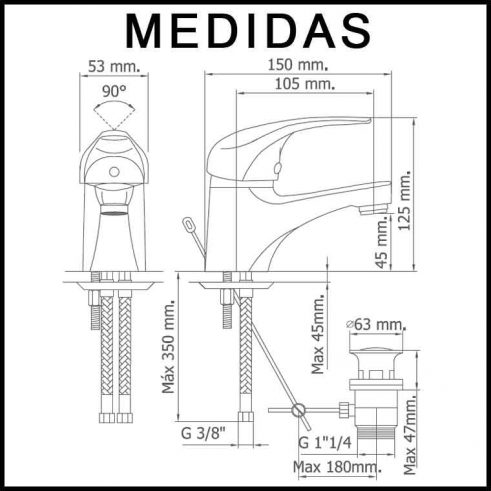 Medidas Grifo de Lavabo, Monomando Ecoaspe 11 MR