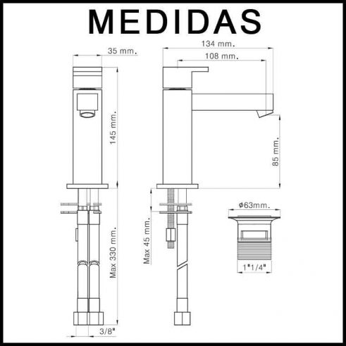 Medidas Grifo de Lavabo, Monomando Petra MR