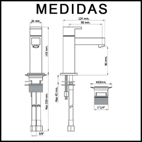 Medidas Grifo de Lavabo, Monomando Petra Cal MR