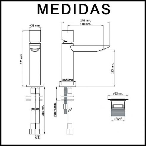 Medidas Grifo de Lavabo, Monomando Serpi 14 F8 MR.