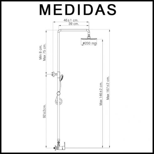 Medidas Equipo De Ducha Cromo, Monomando con Accesorios de Ducha Baza 15 MR