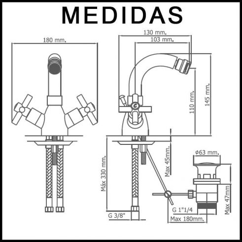 Medidas Grifo de Bide, Monobloc Caño Alto Cala MR, Crono