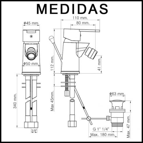 Medidas Grifo de Bide, Monomando Baza 15 MR,Cromo