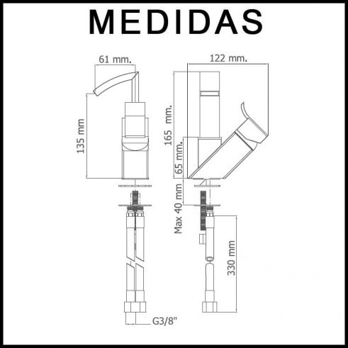 Medidas Grifo de Bide, Monomando Caño Alto Inca MR