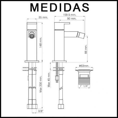 Medidas Grifo de Bide, Monomando Petra MR, Cromo