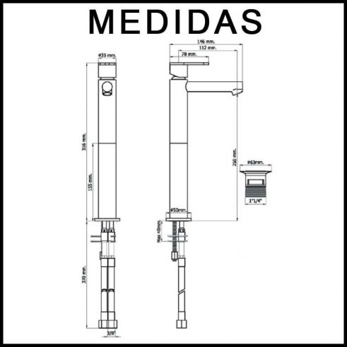 Medidas Grifo de Lavabo Alto, Monomando Beret 14 MR