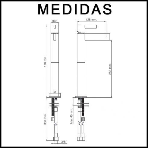 Medidas Grifo de Lavabo Alto, Monomando con Alargadera 15 cm Tanau MR