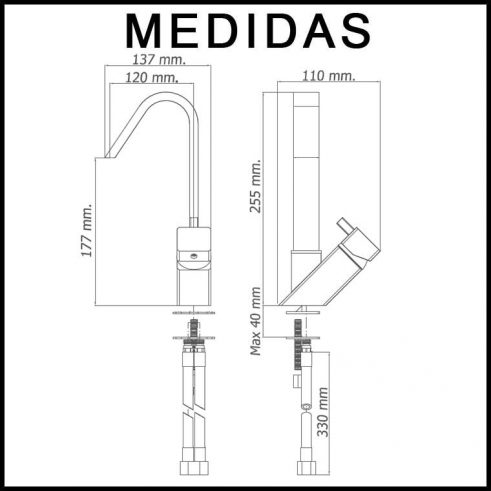 Medidas Grifo de Lavabo, Monomando Caño Alto Catral MR