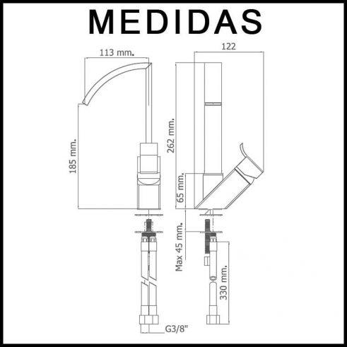 Medidas Grifo de Lavabo, Monomando Caño Alto Inca de la marca Griferias MR,