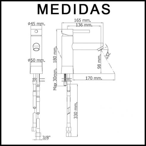 Medidas Grifo de Lavabo Caño Largo Monomando Delta 06 MR, Cromo