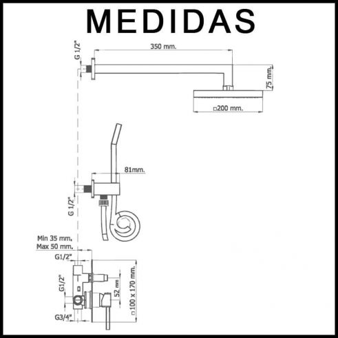 Medidas Conjunto Ducha Empotrado, Monomando con Accesorios de Ducha Inca MR